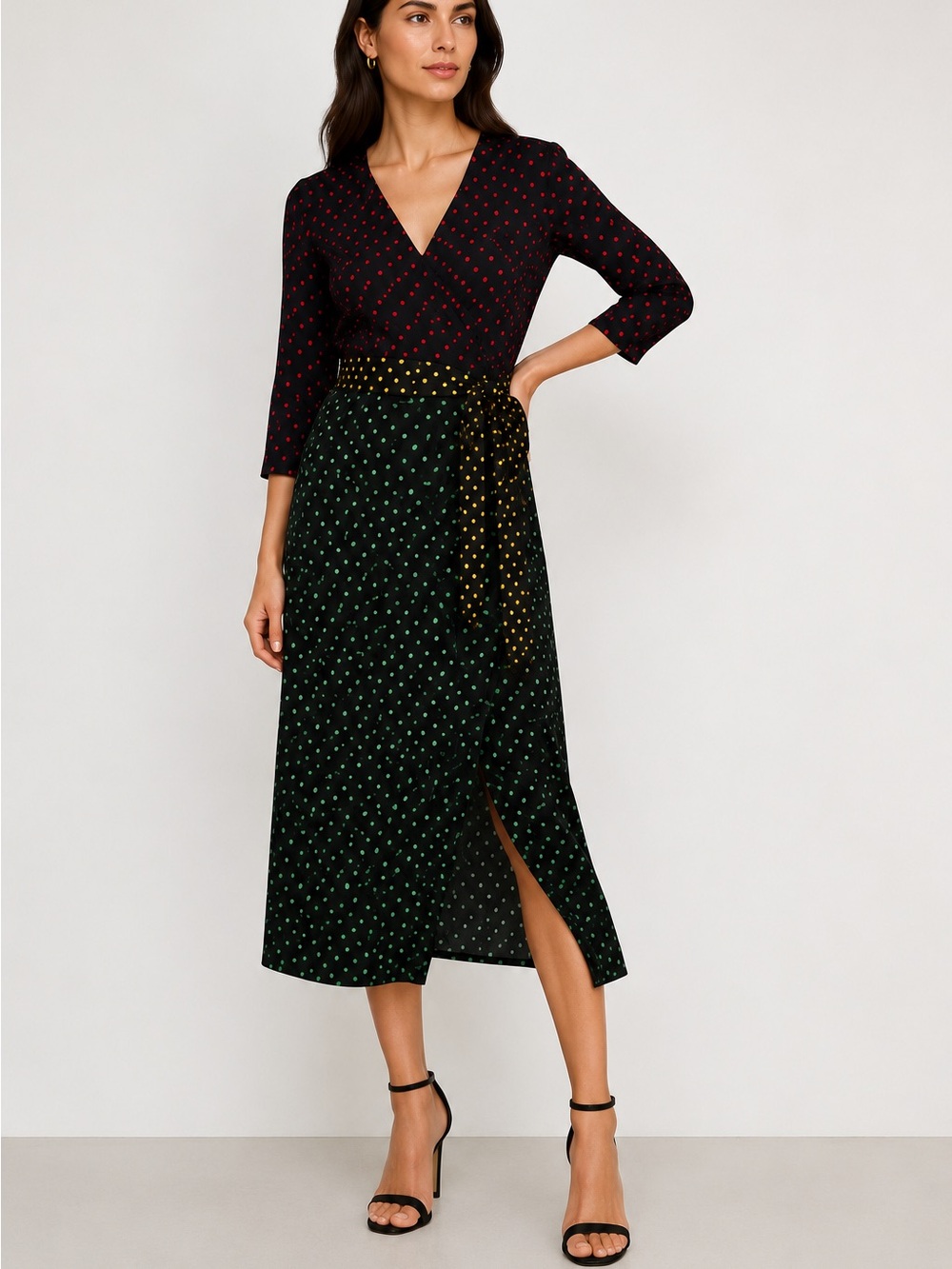 Zara Black Wrap Midi Dress with Red, Green & Gold Polka Dots